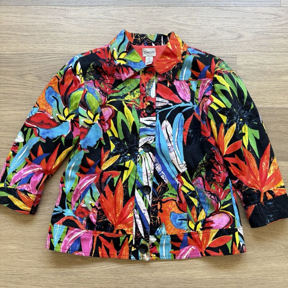 Chicos Jacket Women Medium Topper Tapestry Artsy Abstract Floral Colorful Cotton